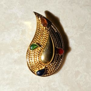 Vintage Avon Gold Paisley colorful gemstone brooch